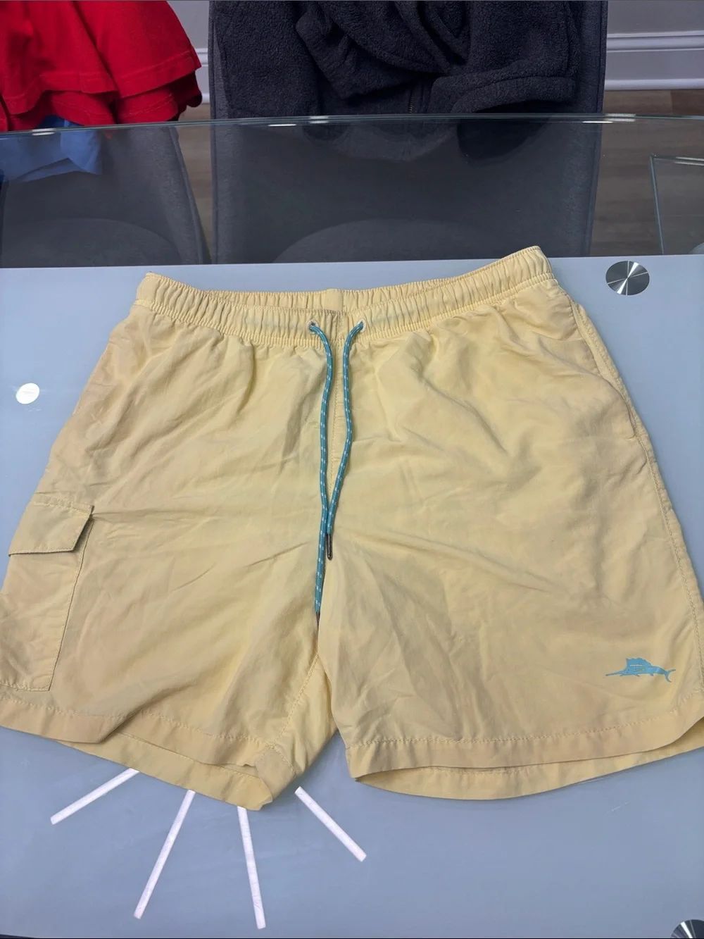Tommy Bahama Pale Yellow Swim Shorts with Teal Logo and drawstring